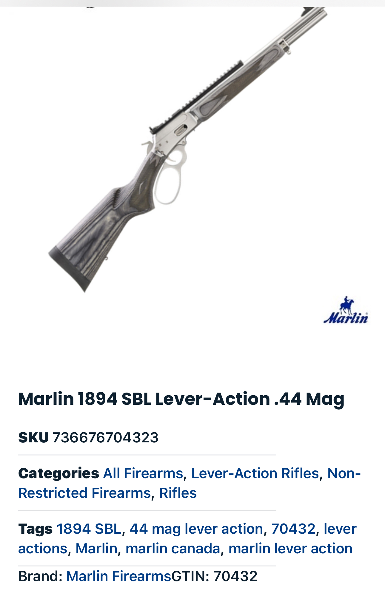 Photo of Ruger Marlin 70432 1894 SBL Lever Action .44 Magnum