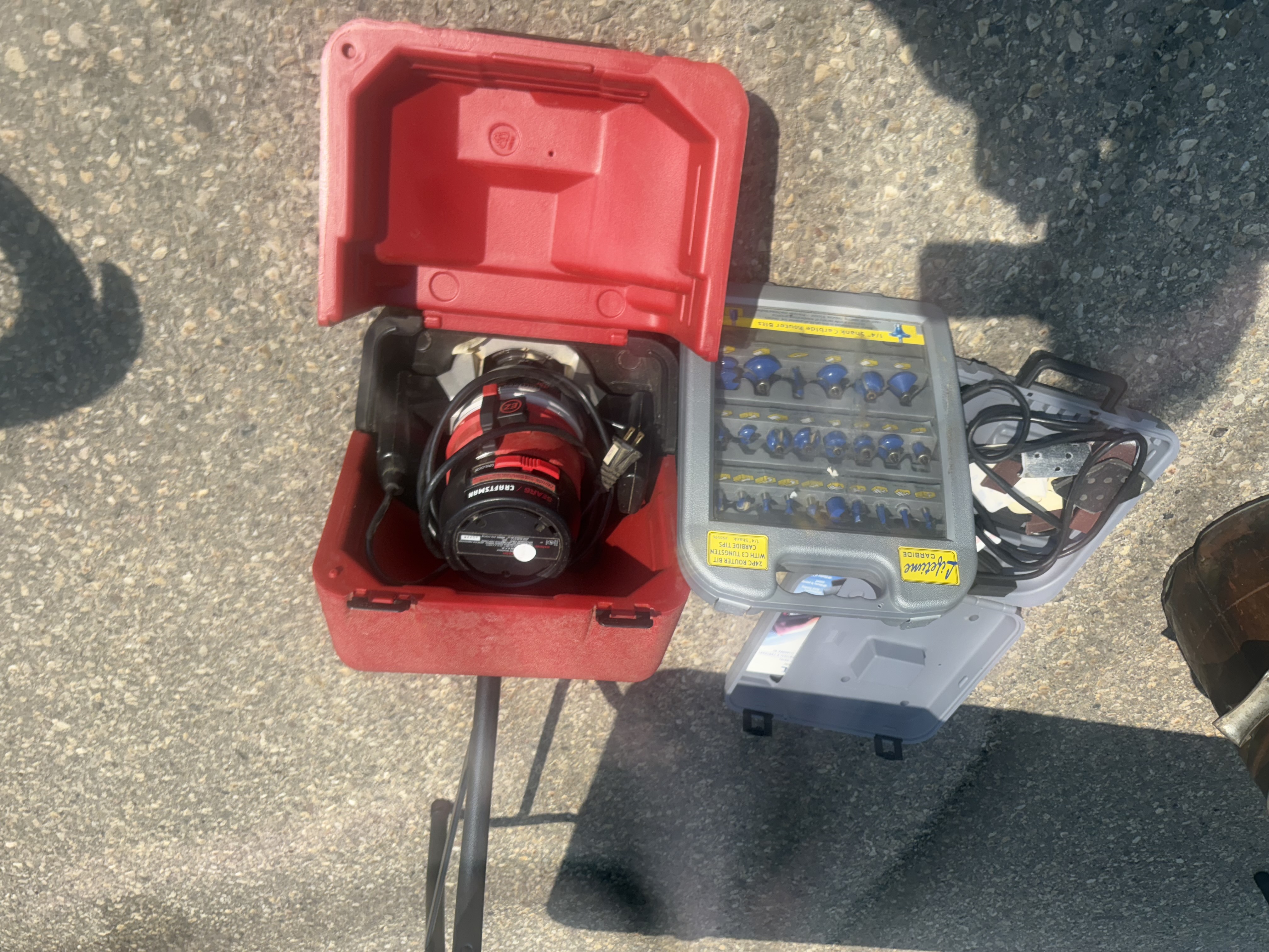 Photo of antique bike, and power tool.