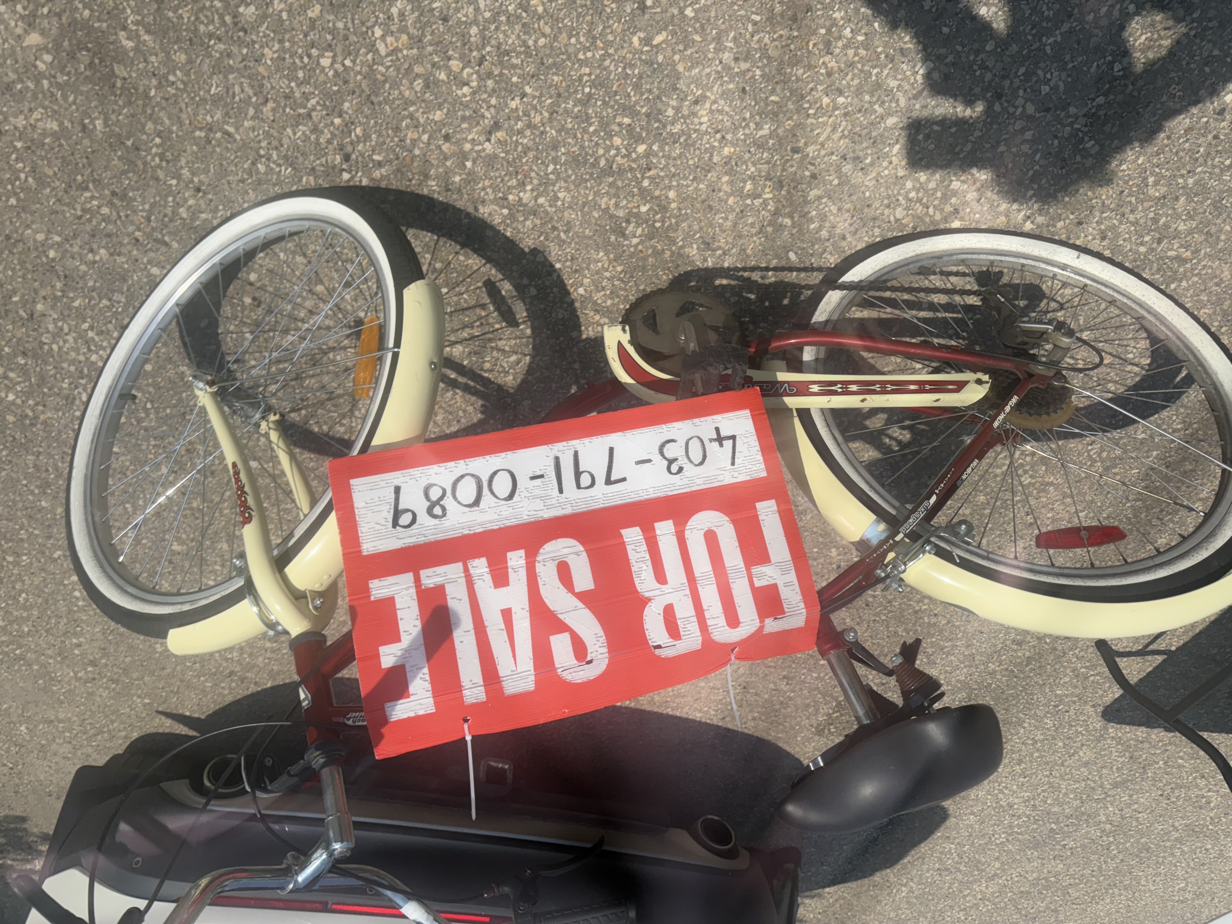 Photo of antique bike, and power tool.