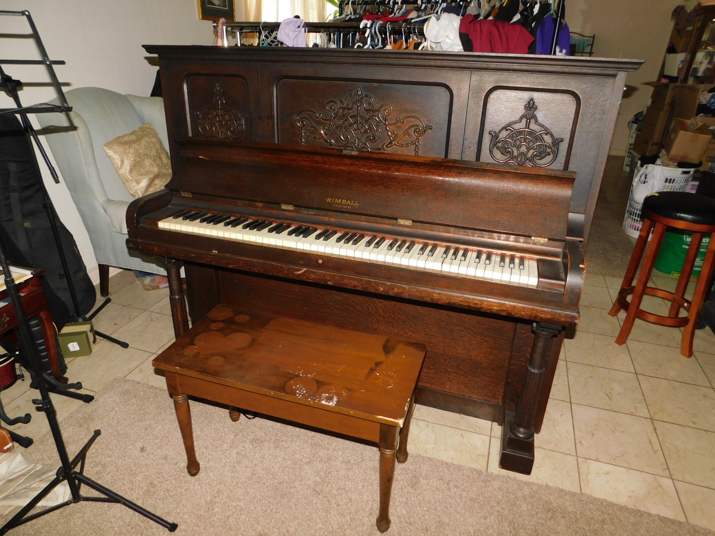 Photo of Antique Kimball Upright Piano and Matching Bench