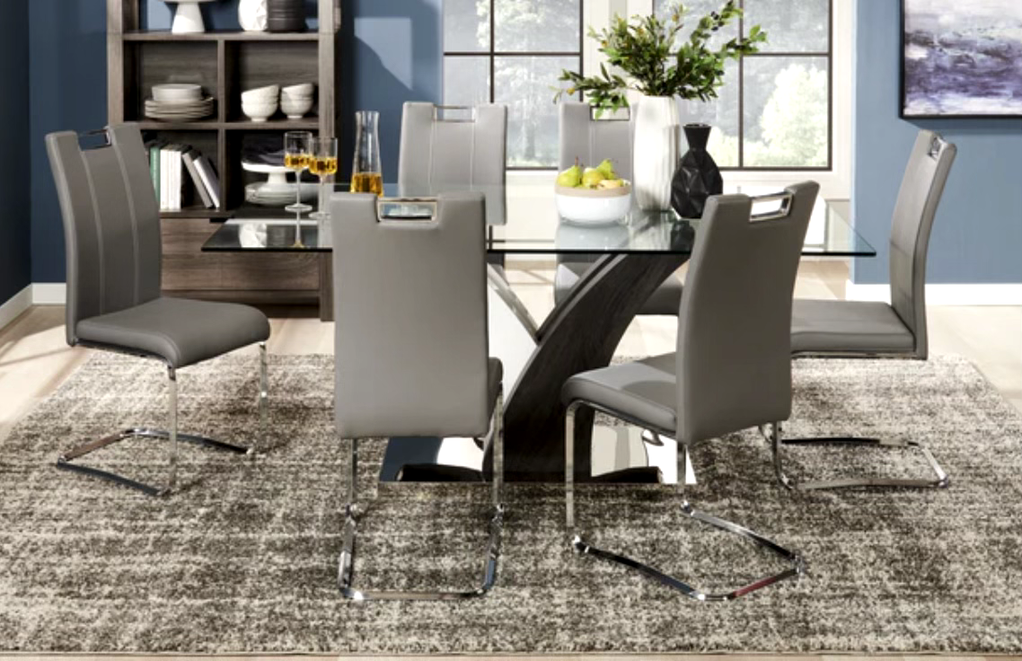Photo of Tuxedo 7pc Dining Set with Table & 6 Chairs, Glass Top, Pedestal Base, 72"W - Grey