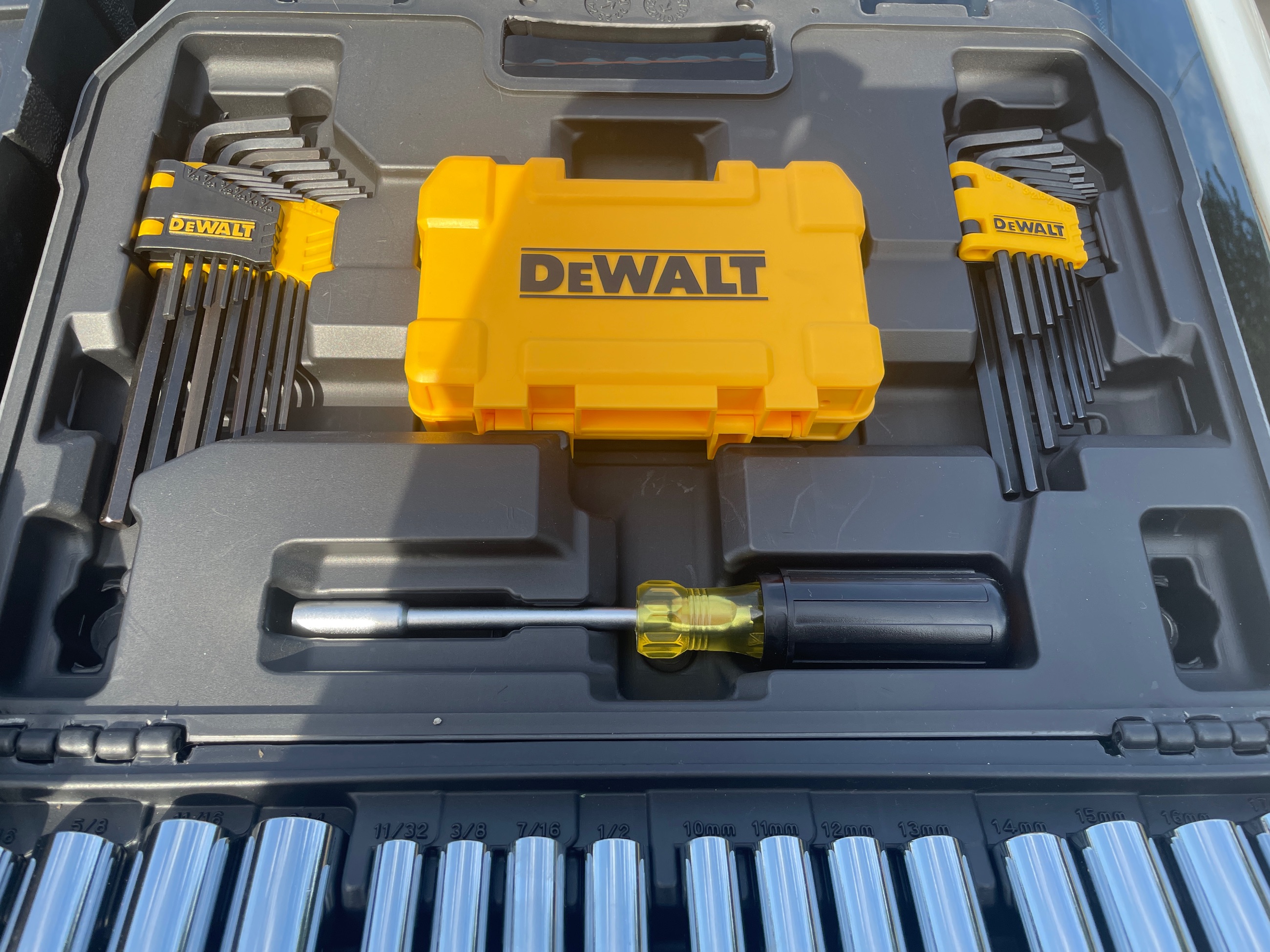 Photo of DEWALT 1/4-inch x 3/8-inch Drive Polished Chrome Mechanics Socket Set (108-Piece) with (2) Pear Head Ratchets