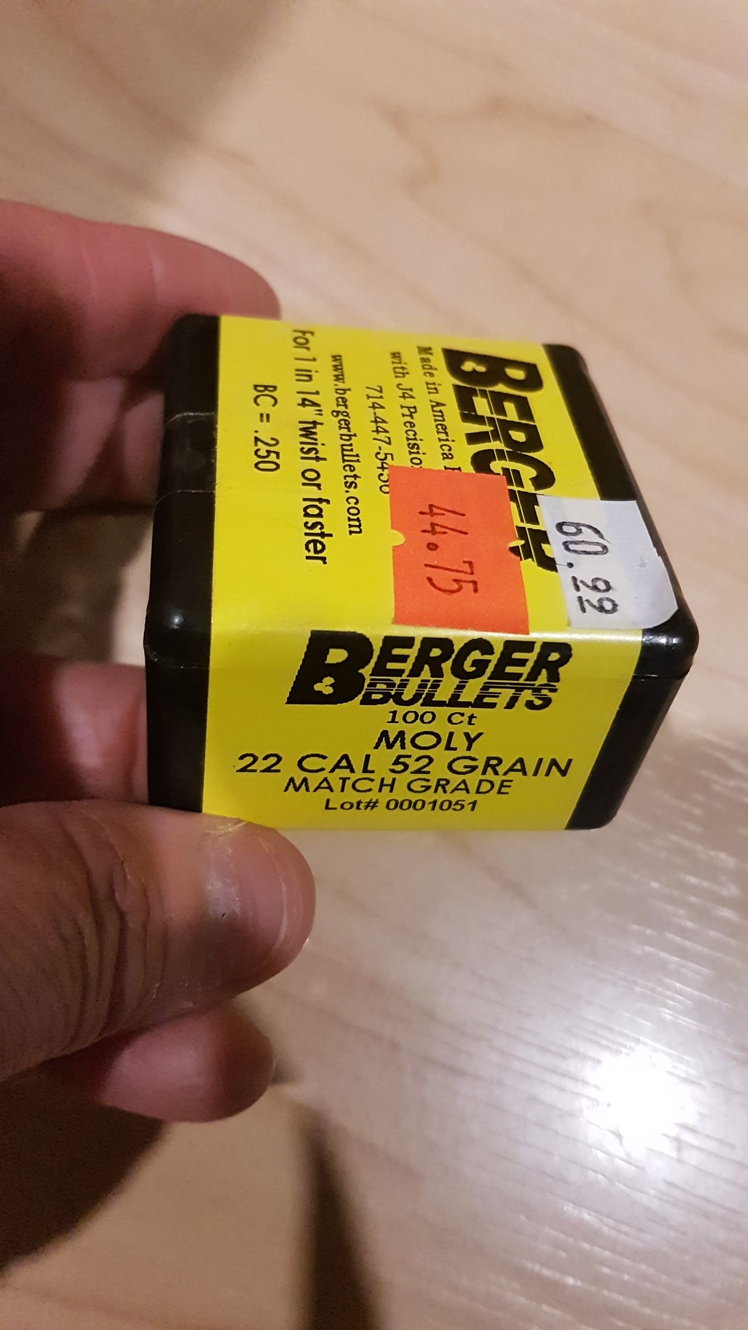 Photo of 1 box of Berger bullets (100ct) MOLY 22 cal 52 gr match grade bullets ( mellonRSCA)