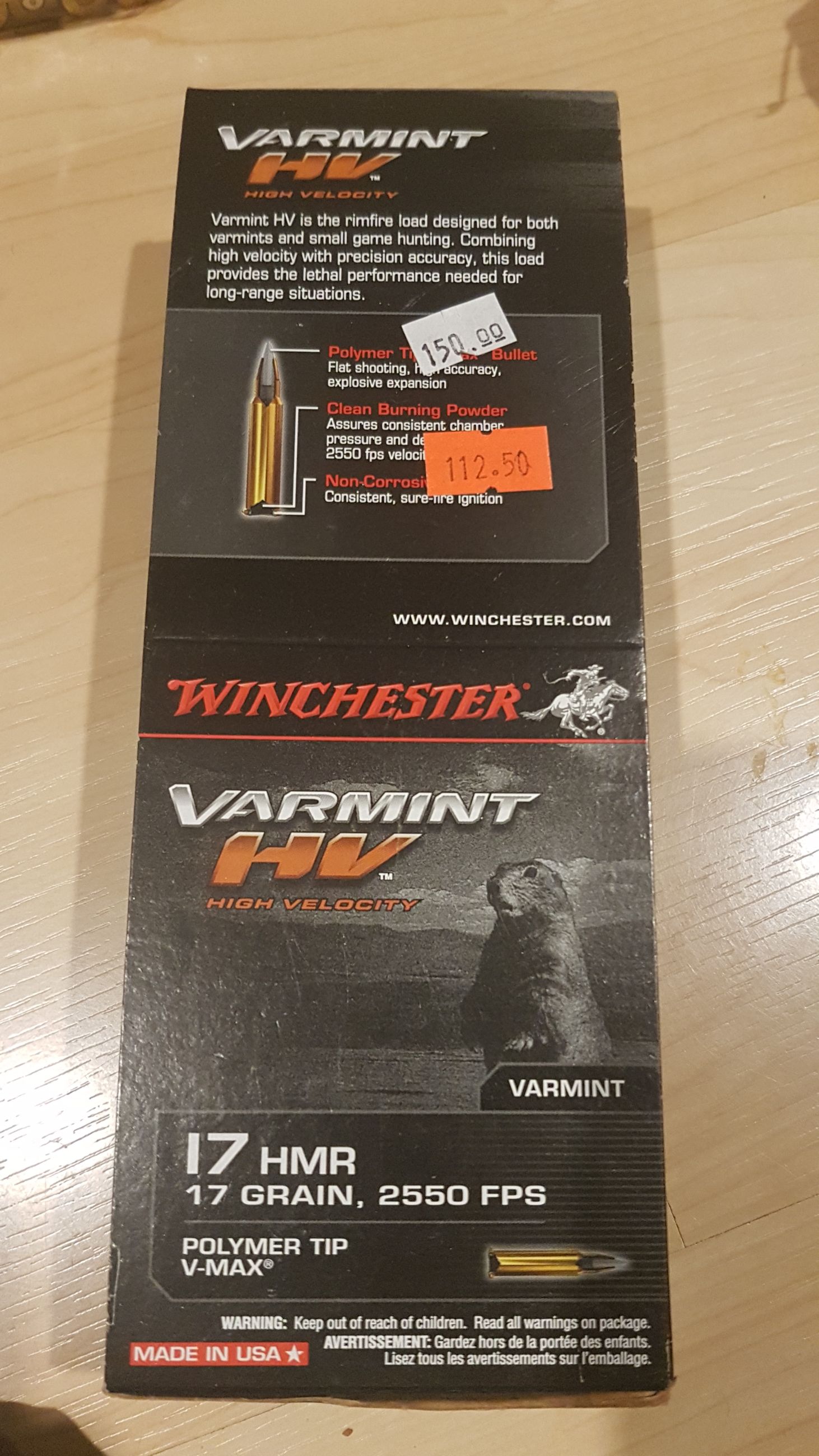 Photo of 1box (250ct.) Winchester Varmint HV 17HMR 17gr 2550fps polymer tip v-max ( mellonRSCA)