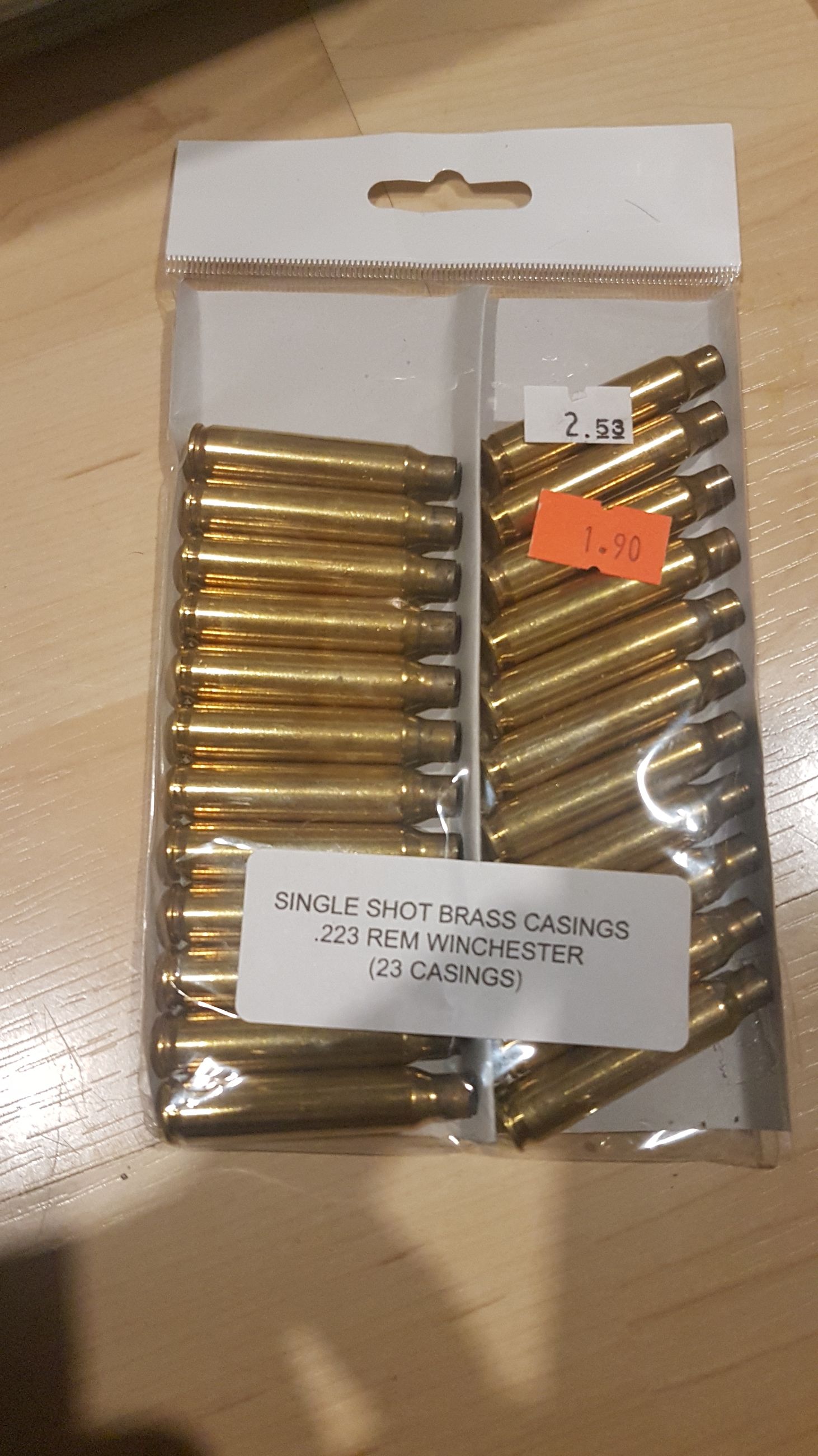 Photo of 1 pkg (23 ct.) Winchester .223 Rem shot-once empty brass casings ( mellonRSCA)