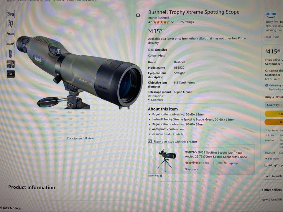 Photo of Bushnell Xtreme Spotting Scope 20-60x65 With Stand Used once As New