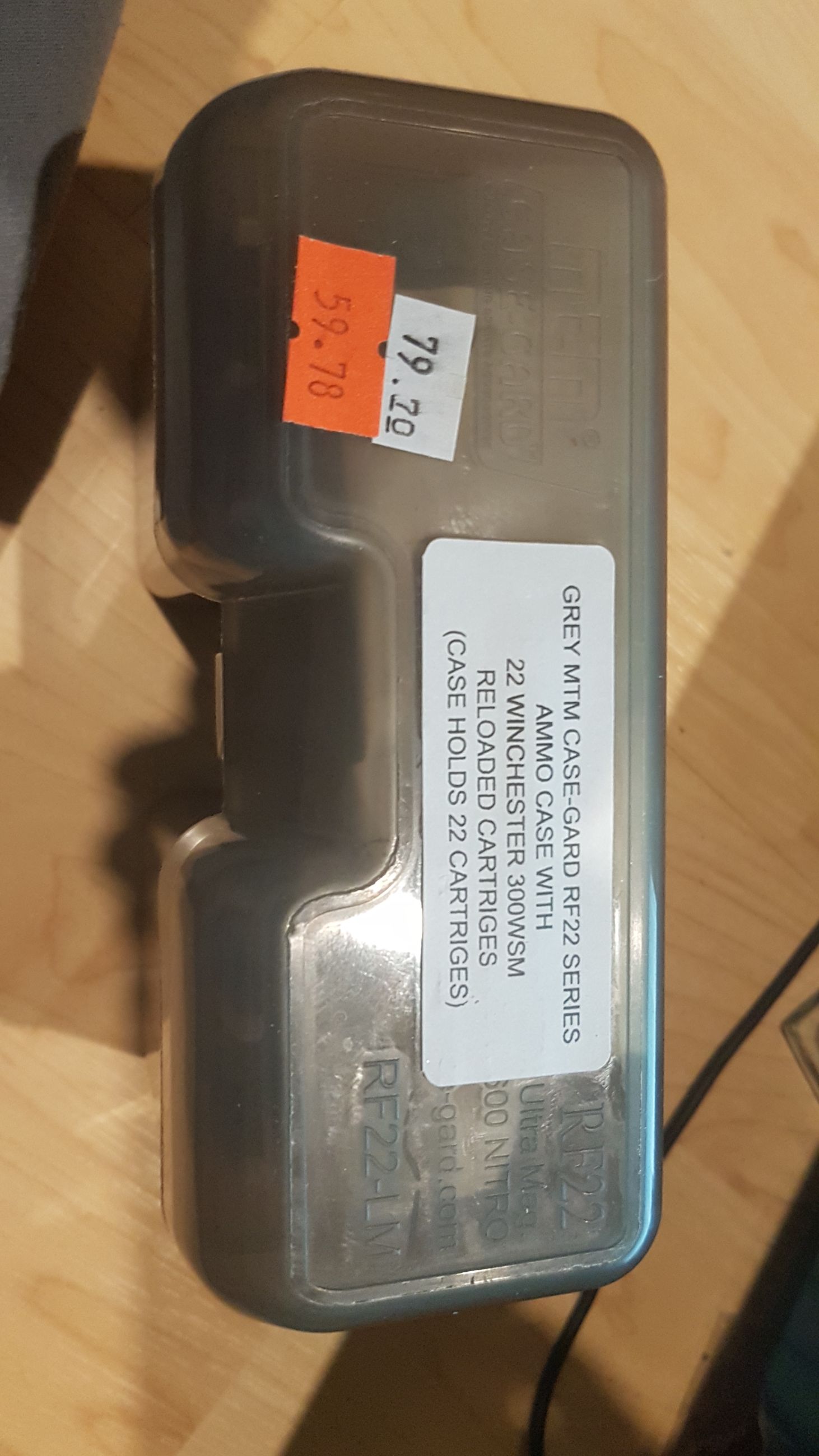Photo of Grey MTM case-gard  RF22 series ammo case with (qty:22) 300WSM reloaded cartridges ( mellonRSCA)