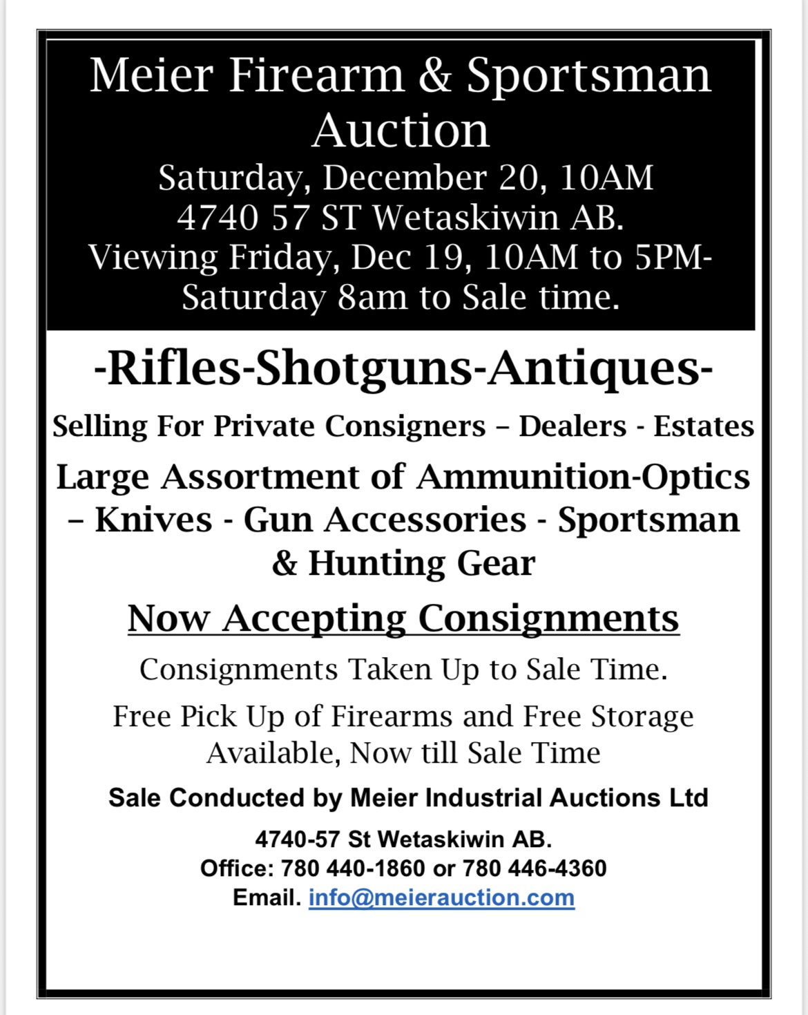 Photo of Meier Live In Person Only Firearm & Sportsman Auction Sat. Dec 20-10am Wetaskiwin, Ab