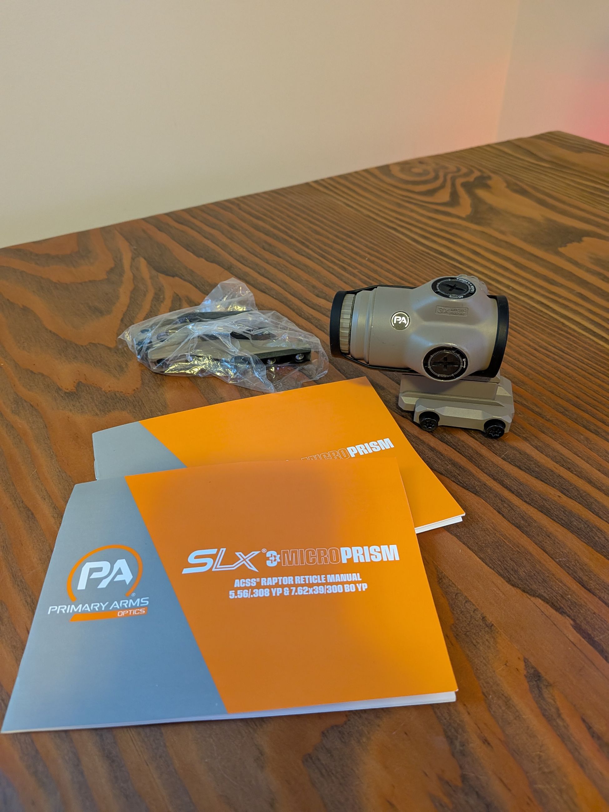 Photo of Primary Arms, SLx 3X MicroPrism Scope, ACSS Raptor 7.62/300AC Red Illuminated Reticle, MOA, Flat Dark Earth