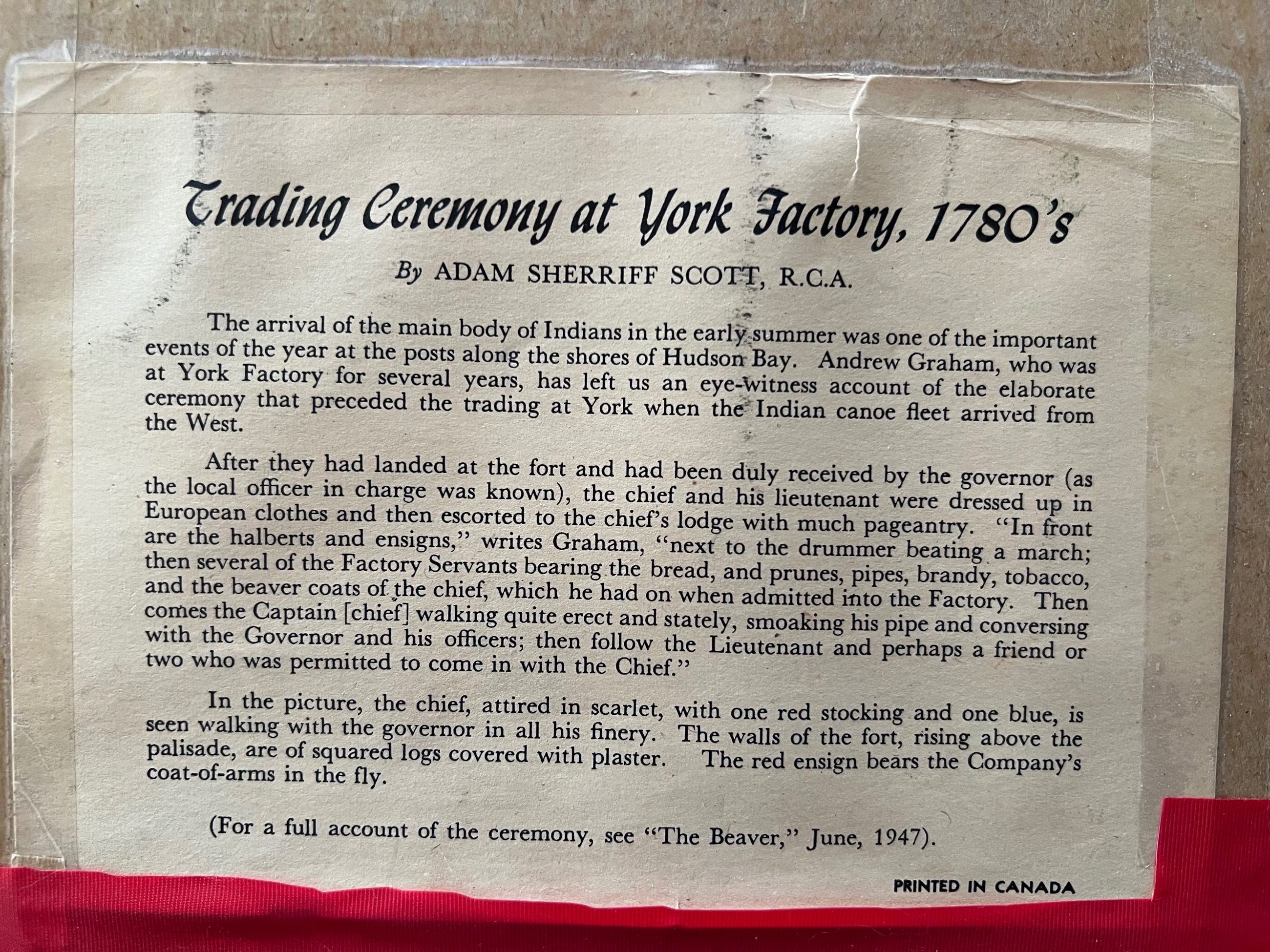 Photo of 1780’s Trading Ceremony At York Factory. Lithograph. $675