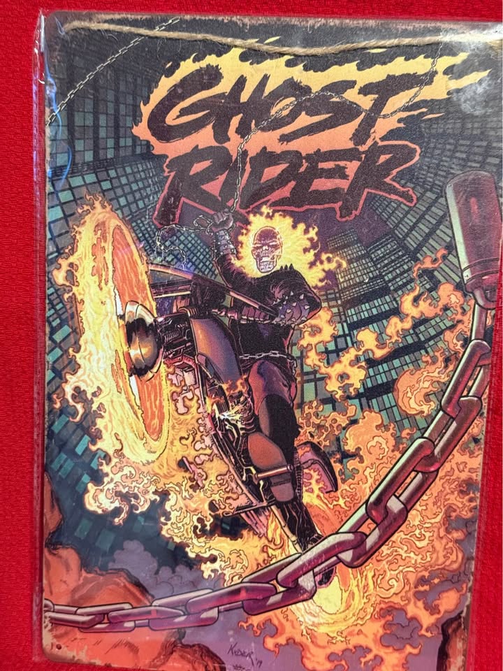 Photo of Marvel Ghost Rider flaming Motorcycle 8x12 inches sealed metal wall sign picture.