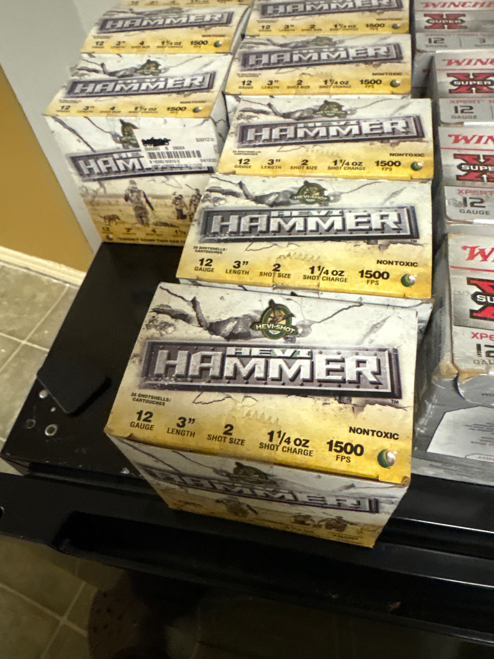 Photo of 12 gauge hammer 3 inch number 4 ounce and 1/4  Winchester 3 inch ounce and eighth number two shot 14 boxes in total seen in pictures. $400 