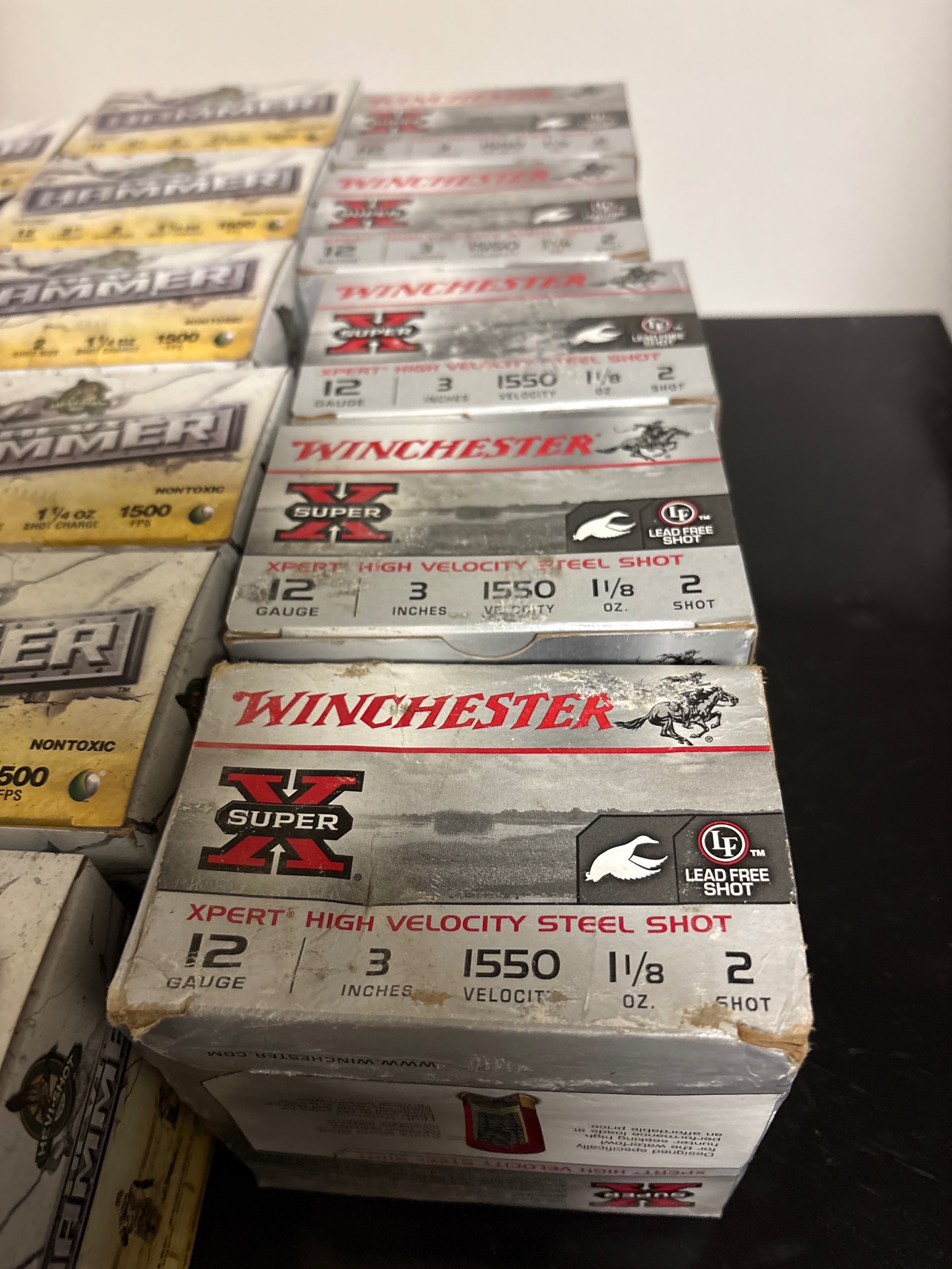 Photo of 12 gauge hammer 3 inch number 4 ounce and 1/4  Winchester 3 inch ounce and eighth number two shot 14 boxes in total seen in pictures. $400 