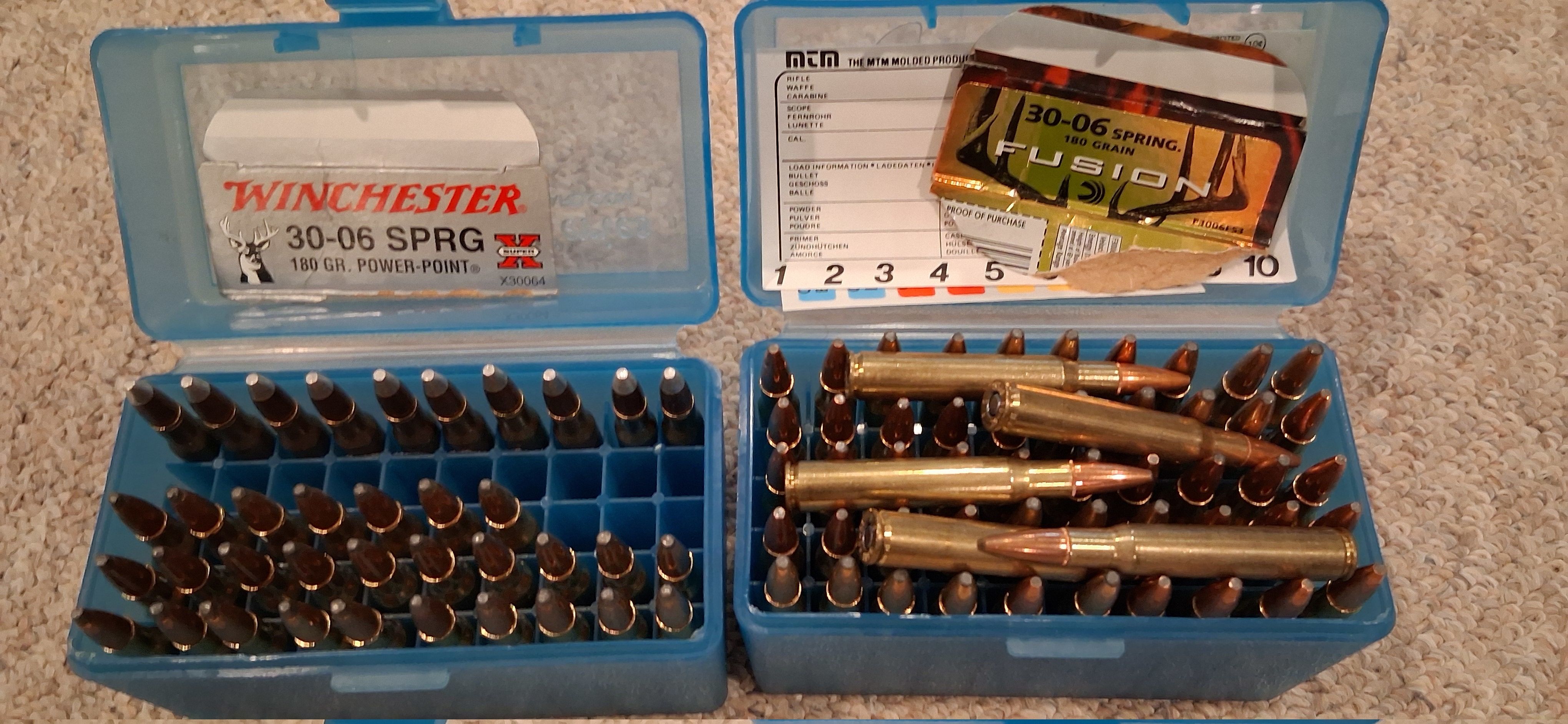 Photo of 55x Federal Fusion 180gr 30-06, 27x Winchester 180gr power-point, and 10x Winchester 150gr Silver Tip (old) factory ammunition