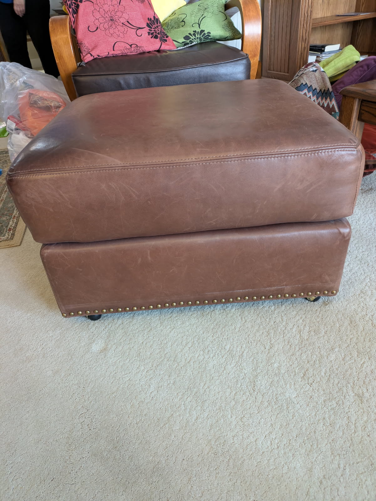 Photo of Top Grain Leather Ottoman w/Brass Nailhead Detail