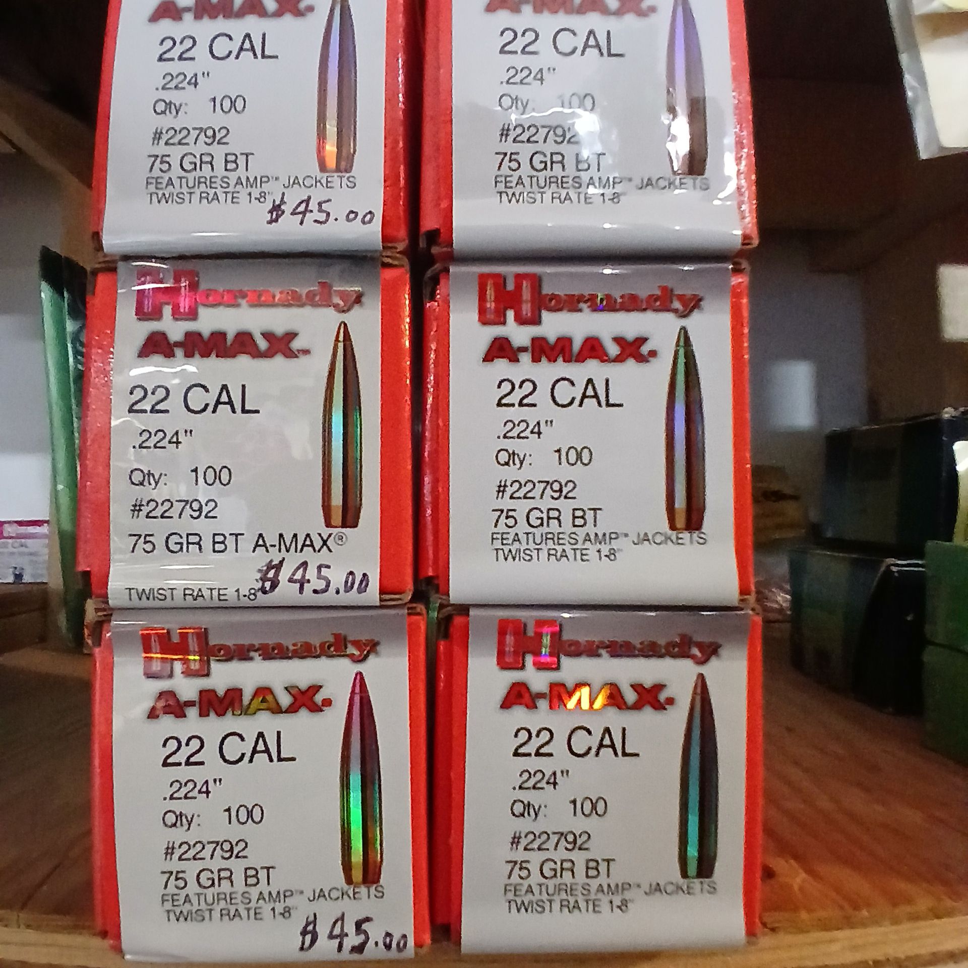 Photo of HORNADY A-MAX .224 75gr BT , 6 BOXES@$45 BOX OR $250 ALL