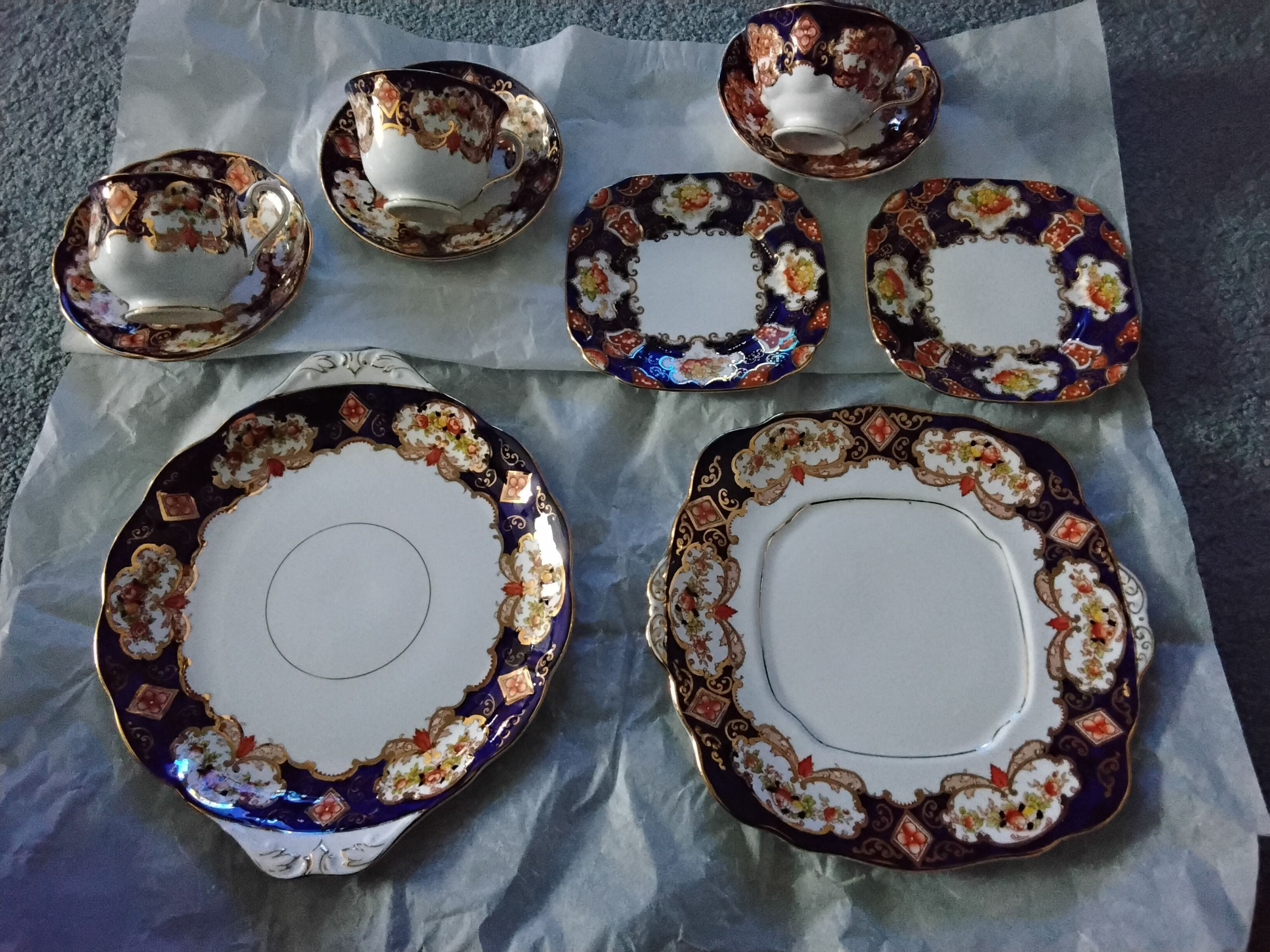 Photo of Royal Albert Heirloom Derby Crown china cups and saucers, plates, cake plates, $95 for all