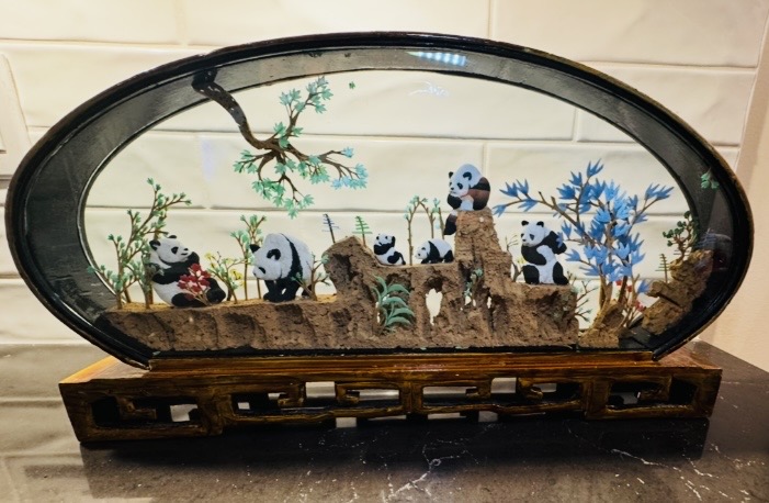 Photo of Vintage Chinese cork art diorama carved pandas 