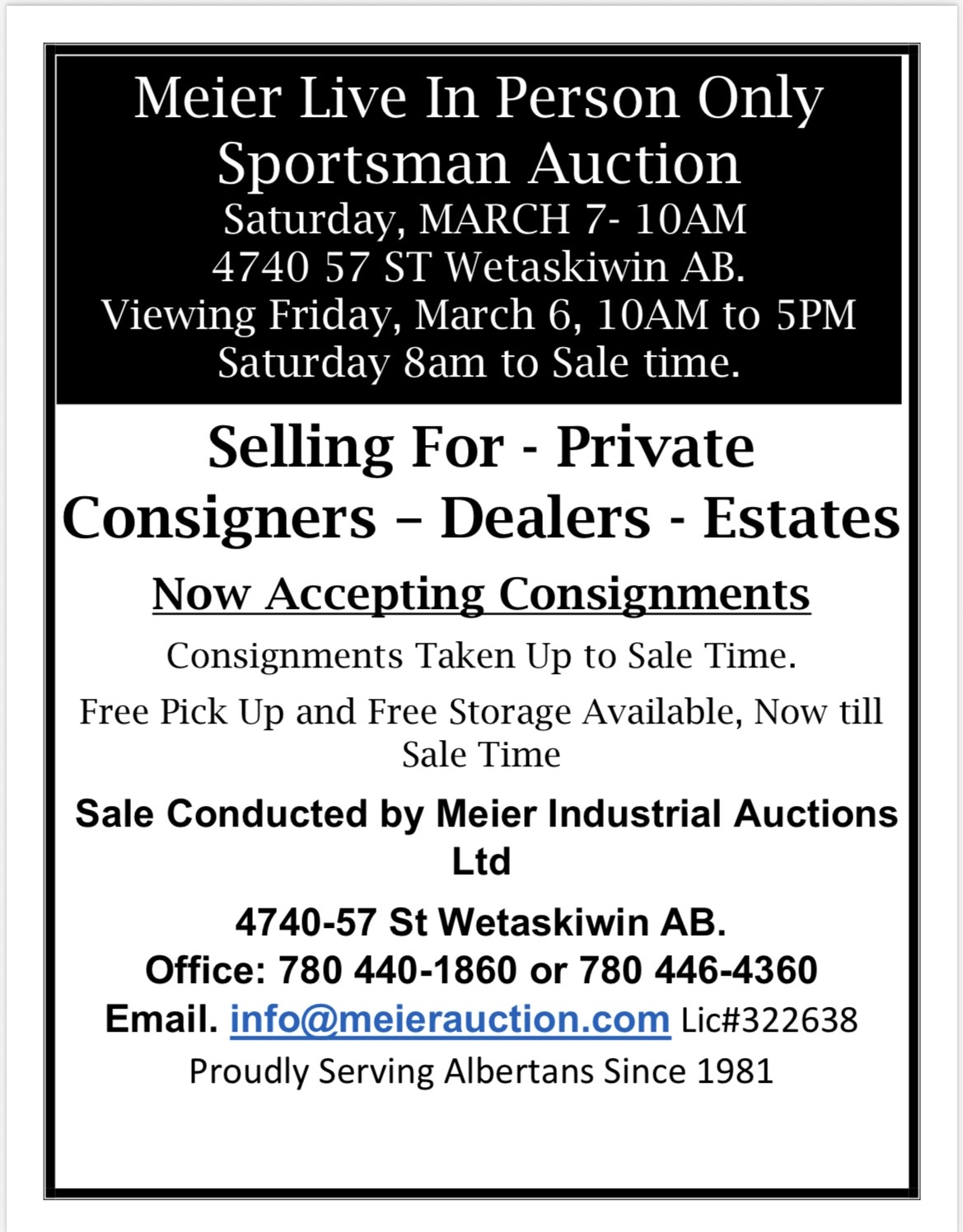 Photo of Meier Firearm & Sportsman Auction Sat. March 7-10am Wetaskiwin
