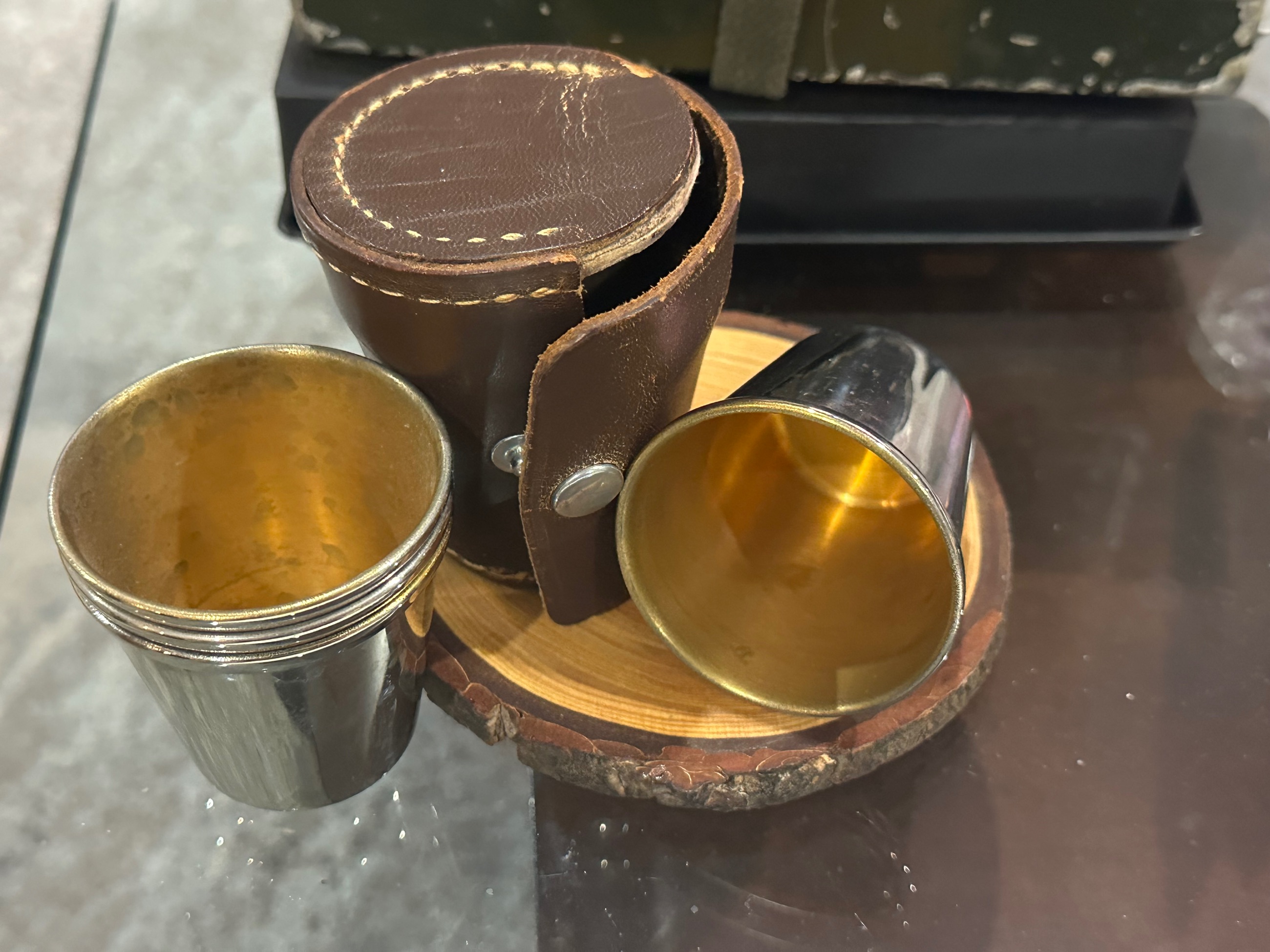 Photo of Silver and gold lined 4 cup whiskey, sipping set
