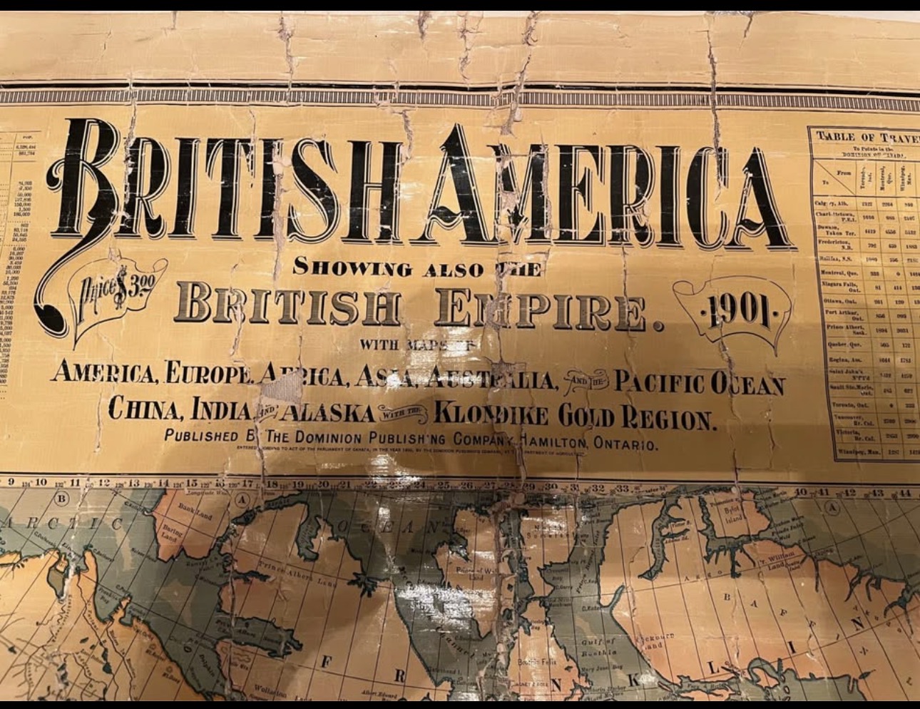 Photo of Antique Cloth Map of “British America” (Canada) 1901. By the Dominion Publishing Co.,Hamilton, ON. Ppl