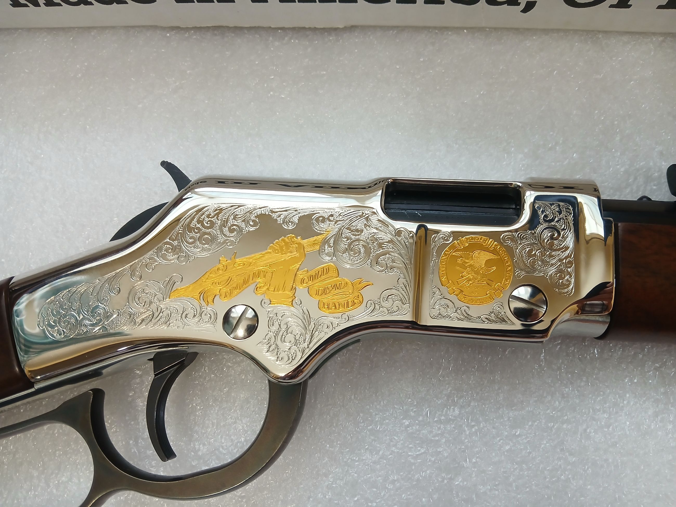 Photo of Henry Second Amendment Tribute Edition 22 S/L/LR 20″ Engraved 24k Gold