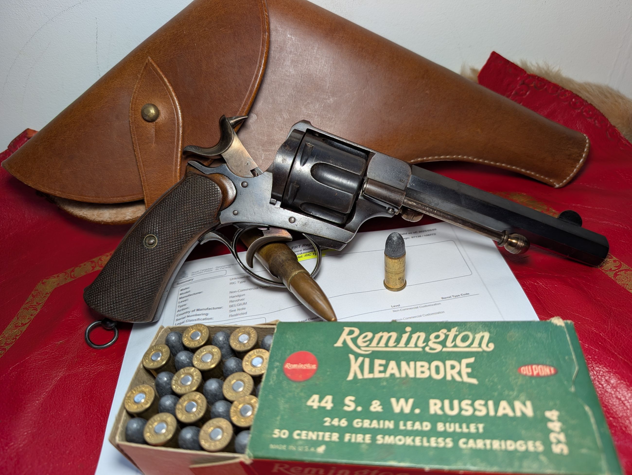 Photo of Antique UNUSED Condition .44 Russian European Solid Frame Single & Double Action Revolver w. Holster (+ Vintage Collector Remington Ammo)