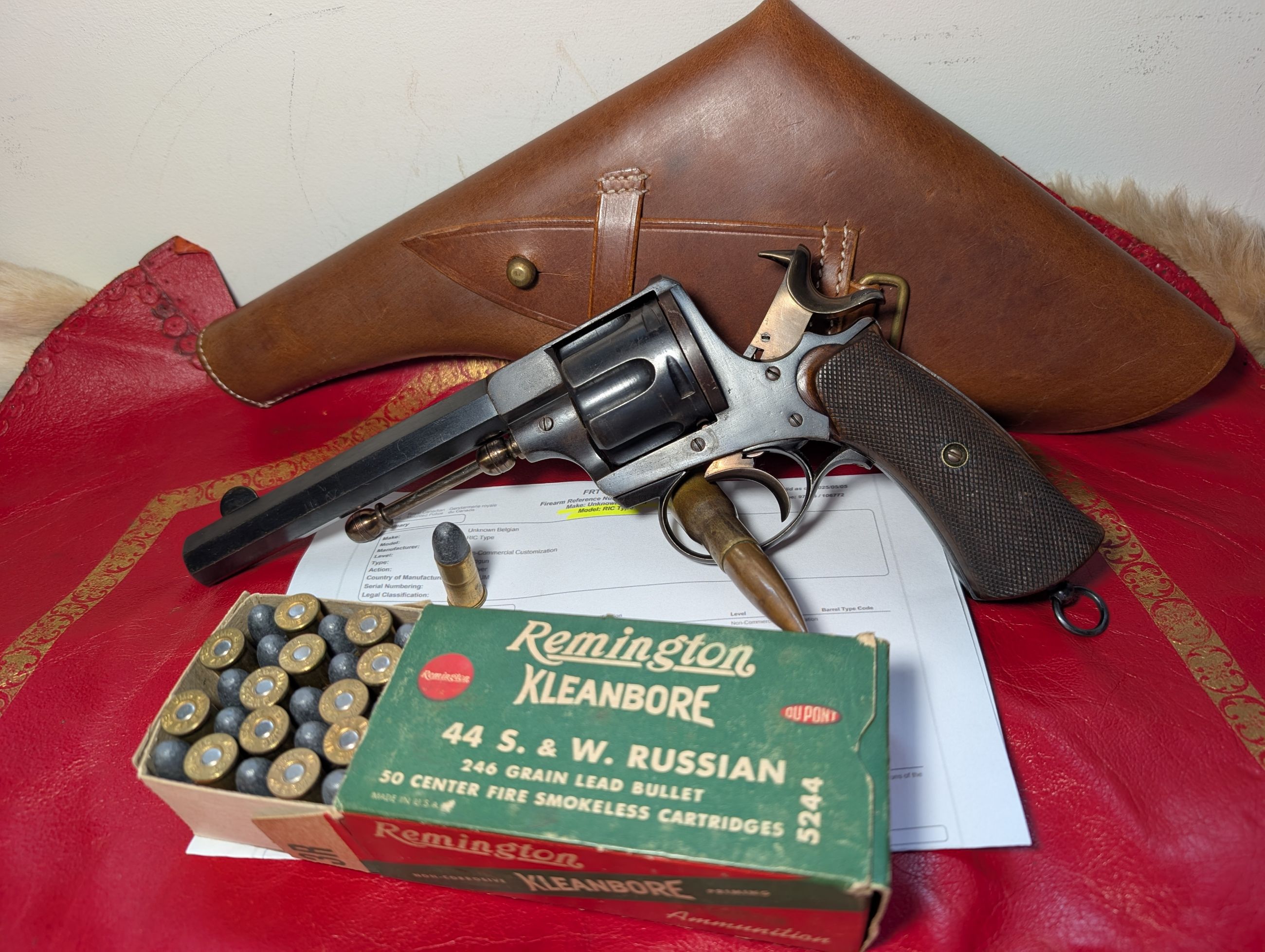 Photo of Antique UNUSED Condition .44 Russian European Solid Frame Single & Double Action Revolver w. Holster (+ Vintage Collector Remington Ammo)