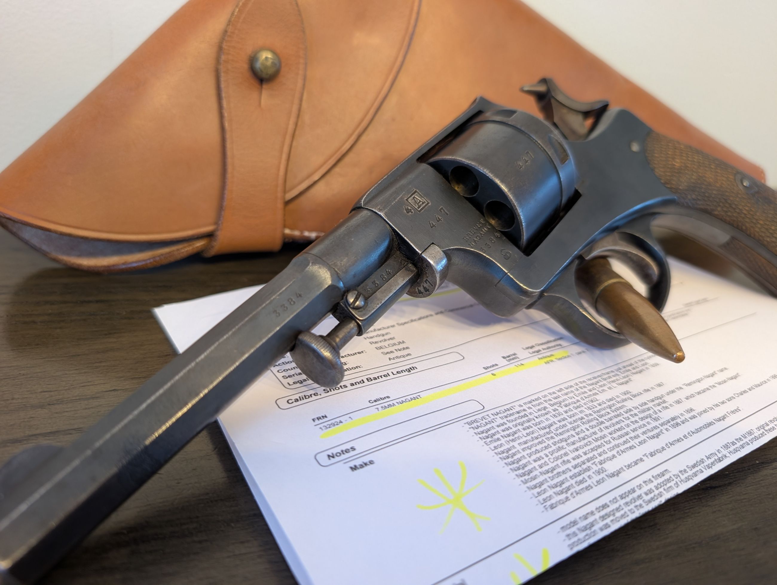 Photo of ANTIQUE (no PAL) CRISP Belgian Gov't Brevet Nagant 1878-86 Revolver in 9 mm with School of Artillery Arsenal Marks (not French / Swiss)