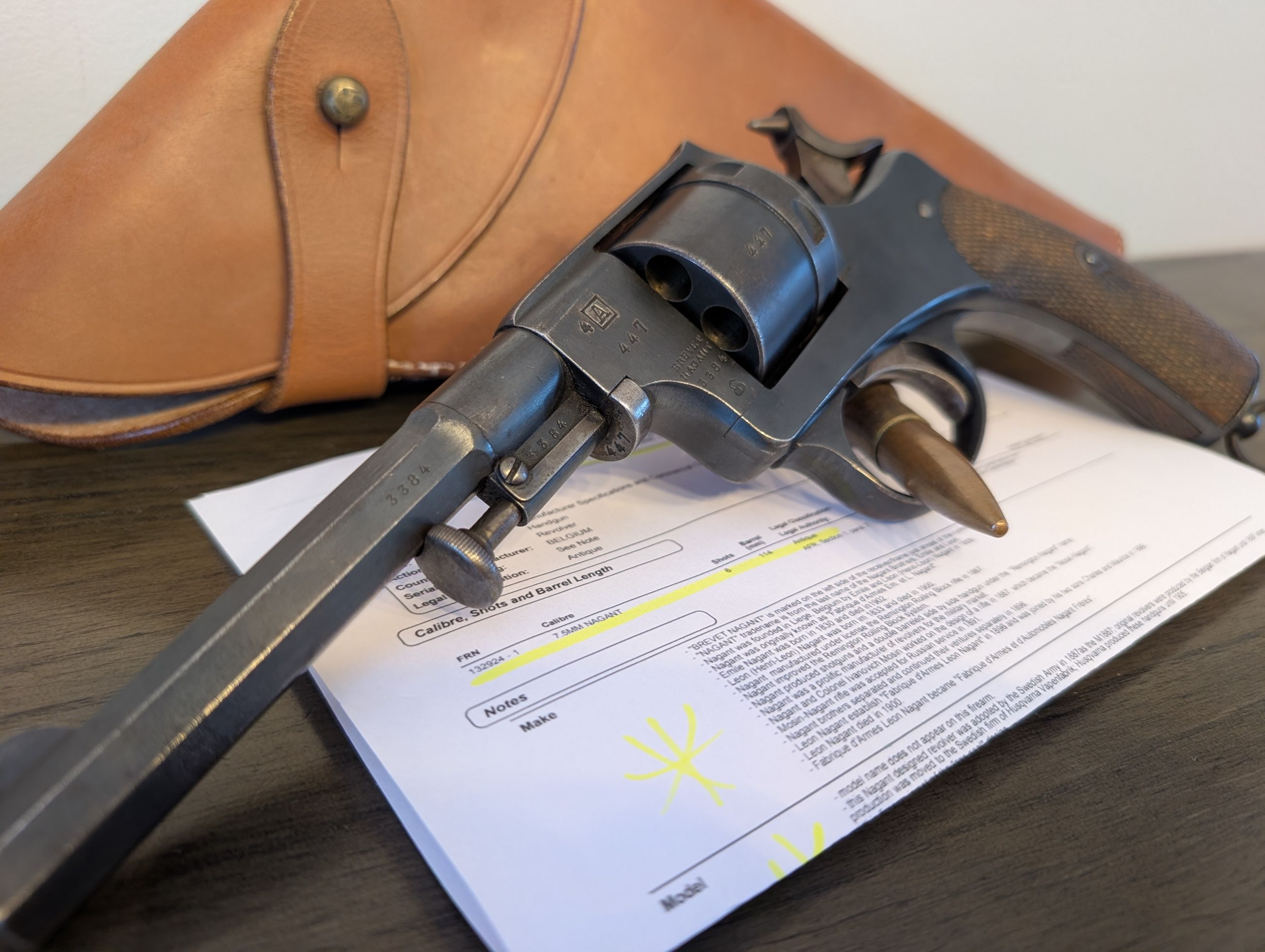 Photo of ANTIQUE (no PAL) CRISP Belgian Gov't Brevet Nagant 1878-86 Revolver in 9 mm with School of Artillery Arsenal Marks (not French / Swiss)