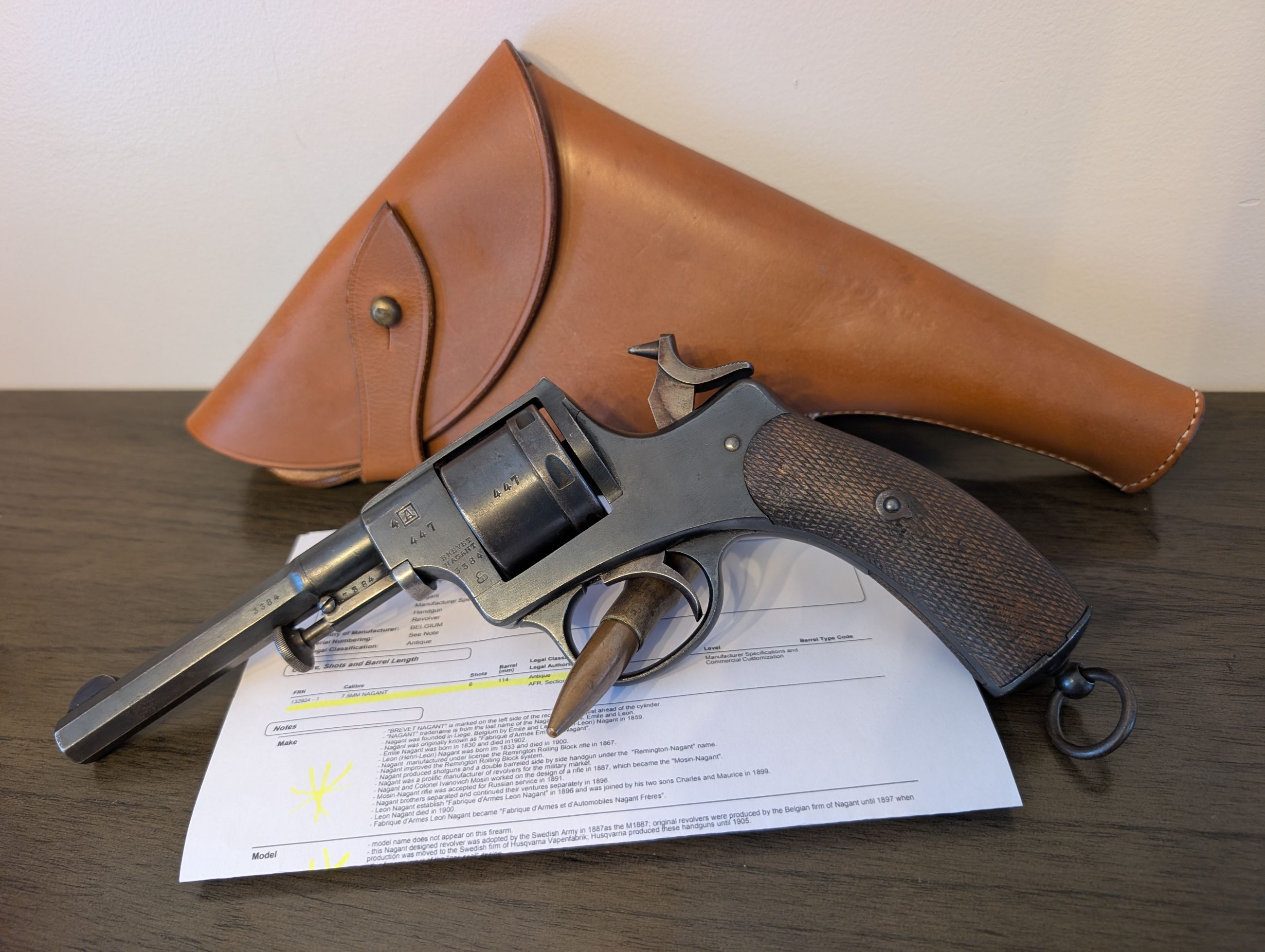 Photo of ANTIQUE (no PAL) CRISP Belgian Gov't Brevet Nagant 1878-86 Revolver in 9 mm with School of Artillery Arsenal Marks (not French / Swiss)