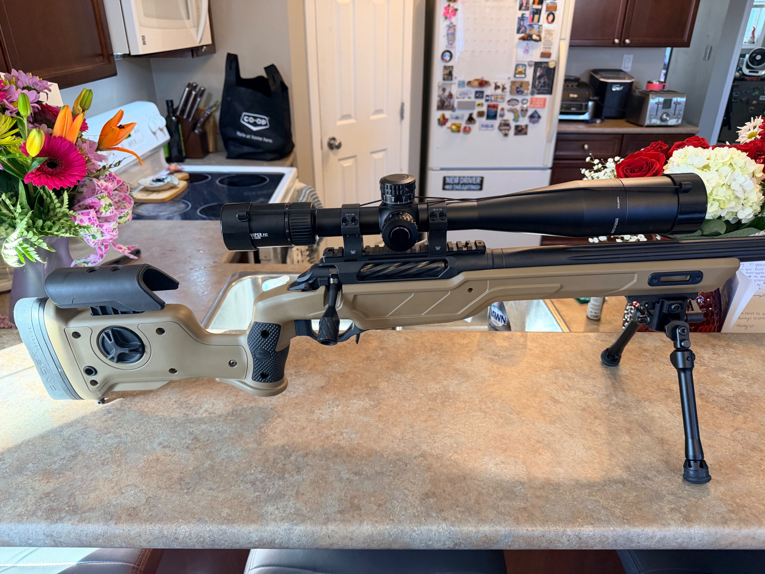 Photo of Cadex CDX-R7 Shepherd, FDE, 338 Lapua Mag Vortex PST Gen II 5-25x50 FFP, Cadex Bipod, Drag Bag