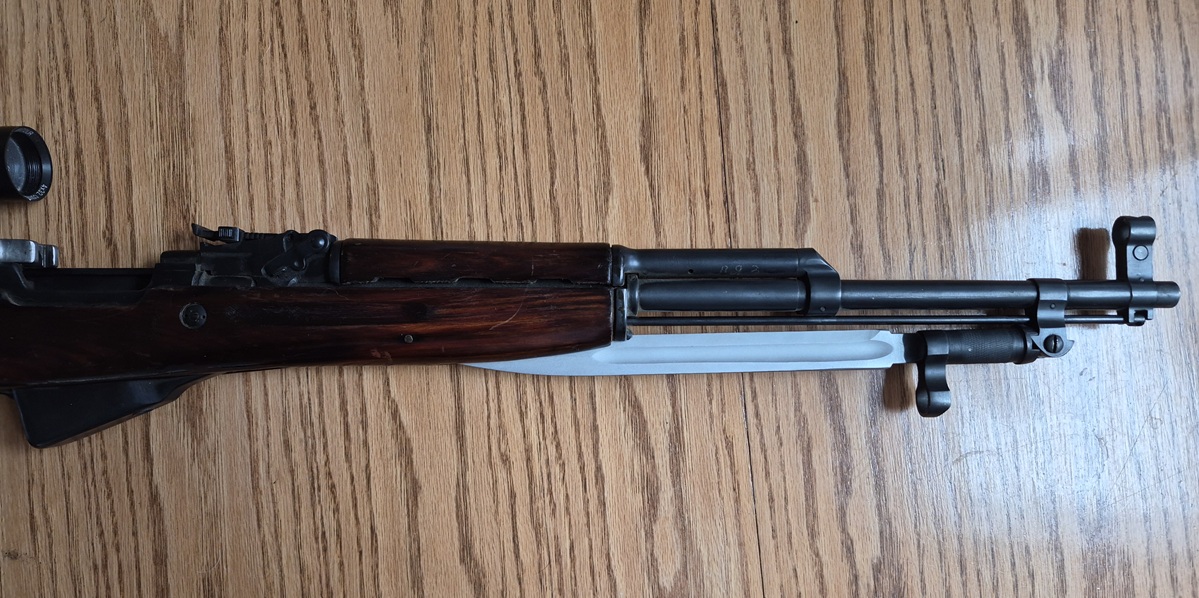 Photo of 1950’S SKS RUSSIAN,  7.62X39MM, SEMI AUTO, WOODEN STOCK, SILVER BAYONET W / BBL LENGTH 20" 