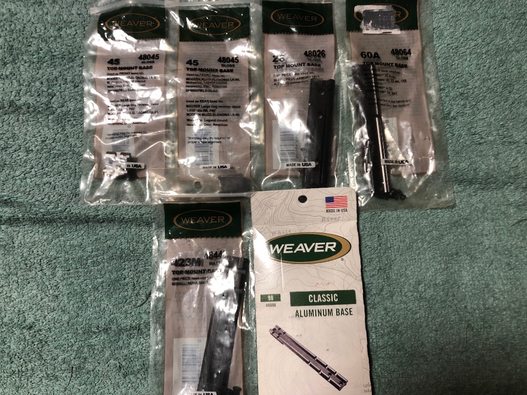 Photo of [BNIB]. Various Weaver Scope Bases / Rails  {Weaver 98 (48098); 60A (48064); 26 (48026); 45 (48045); and 423M (48443)} 